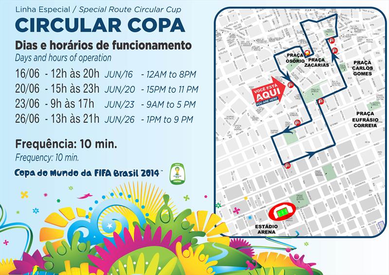 Assim como vem ocorrendo em todos os jogos da Copa do Mundo FIFA 2014 em Curitiba, o número de veículos do transporte coletivo será reforçado nesta segunda-feira (23), para a partida entre Espanha e Austrália, na Arena da Baixada.
Ilustração: Divulgação