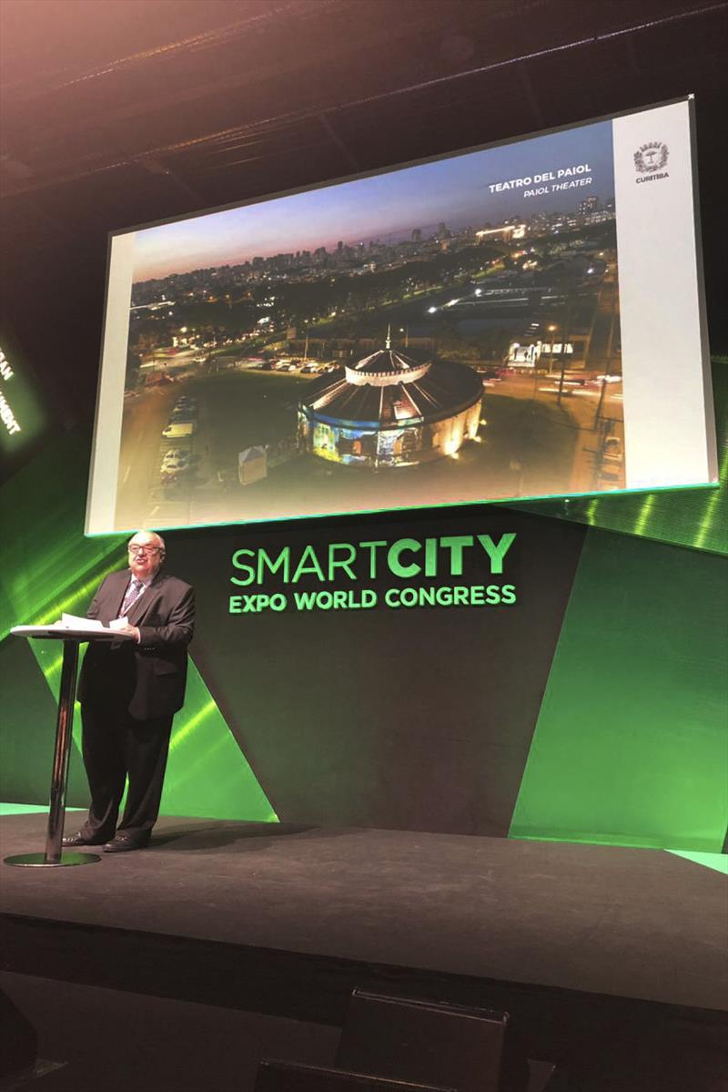 Smart City Expo World Congress Barcelona 2018.
Na imagem, prefeito Rafael Greca durante palestra.
Barcelona, 14/11/2018
Foto:Divulgação