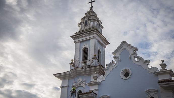 Obras de restauro da fachada da Igreja do Rosário, no Centro Histórico, parte do programa Rosto da Cidade. Curitiba, 06/08/2019. Foto: Pedro Ribas/SMCS