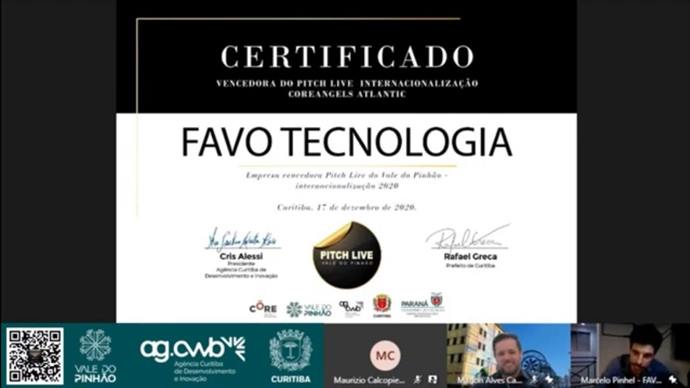 A startup curitibana Favo Tecnologia é a grande vencedora da 2ª edição do Pitch Live Internacionalização, promovido pelo Vale do Pinhão. 