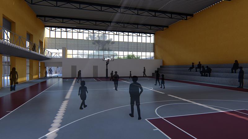 O ginásio poliesportivo permitirá a prática de futsal, basquete e vôlei, numa estrutura que conta com vestiários, sala dos professores e depósito de material esportivo.
Ilustração: IPPUC
