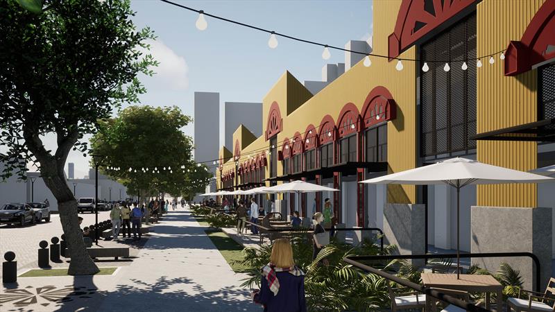 Mercado Municipal terá o espaço público renovado, com a melhoria da paisagem urbana, da segurança nos deslocamentos e com a criação de novas conexões cicloviárias e de favorecimento à caminhabilidade.
Ilustração: IPPUC