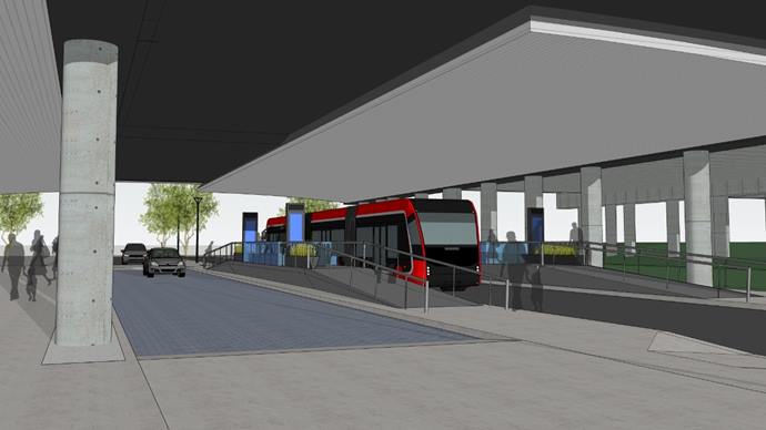 Ilustração da futura estação do Ligeirão Leste-Oeste com ônibus elétrico na Avenida Affonso Camargo.
Ilustração: IPPUC