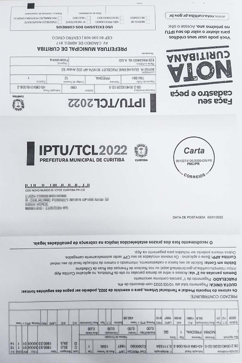 A entrega das cartas com os boletos para o pagamento do IPTU 2022 e da Taxa de Coleta de Lixo (TCL) foi 100% concluída pelos Correios.