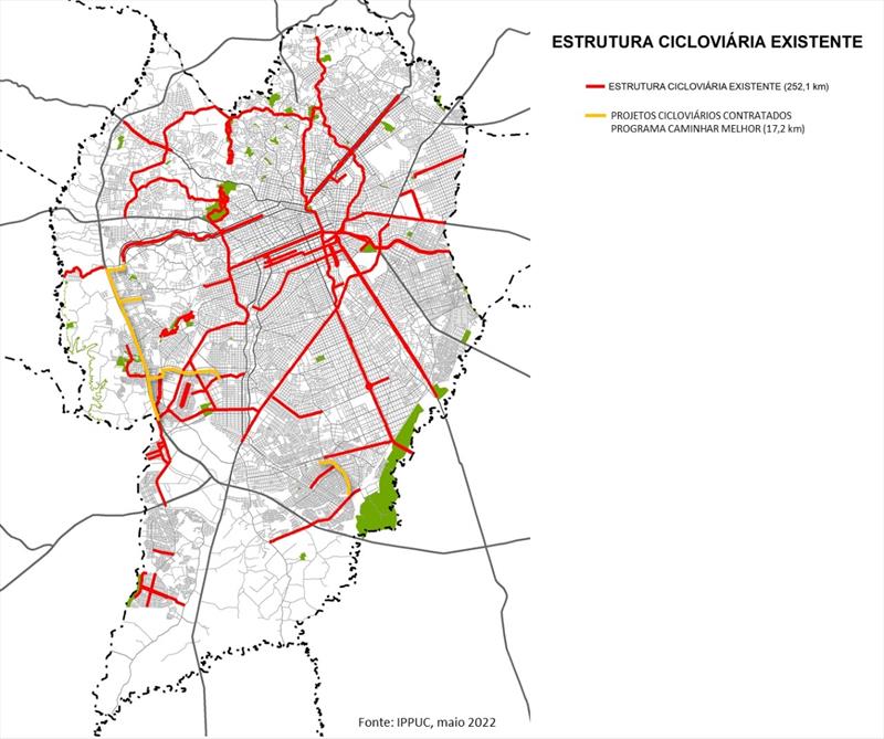 Em amarelo no mapa os importantes eixos das regiões do CIC e Bairro Novo irão que irão ganhar 17,2 quilômetros de nova infraestrutura voltada à ciclomobilidade.