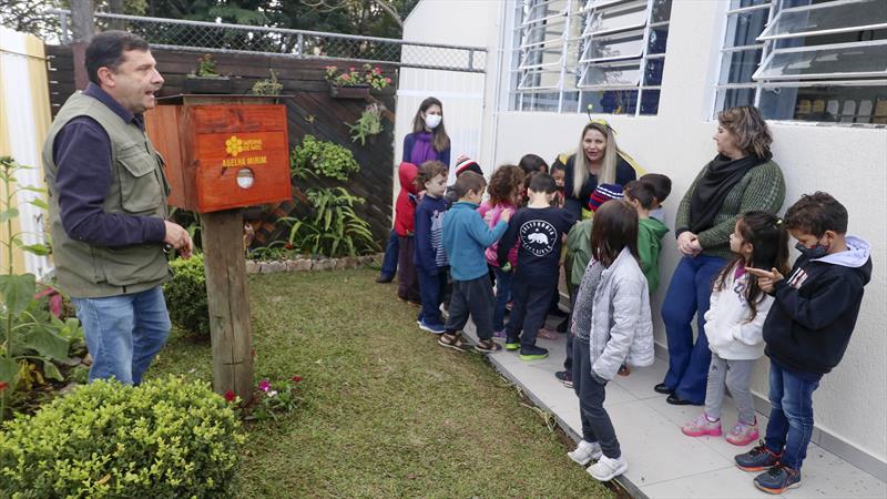 Depois de capturar com sucesso seu enxame de abelhas nativas, o Centro Municipal de Educação Infantil Uberaba agora tem a sua própria caixa do projeto Jardins de Mel da Prefeitura de Curitiba.
Foto: Lucilia Guimarães/SMCS