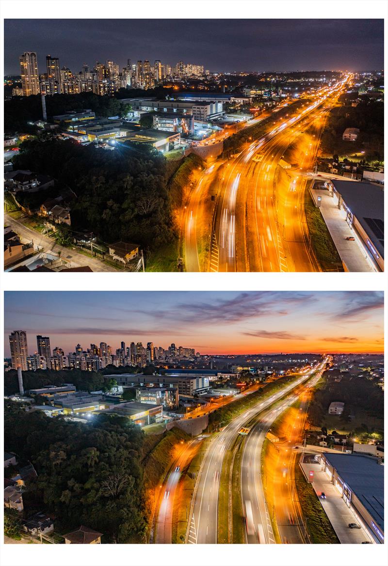 Vista aérea da BR 277 na região do Parque Barigui com iluminação modernizada em LED. Na imagem fotos de antes (em cima) e após a instalação da iluminação (embaixo) - Curitiba, 04/07/2022 - Foto: Daniel Castellano / SMCS