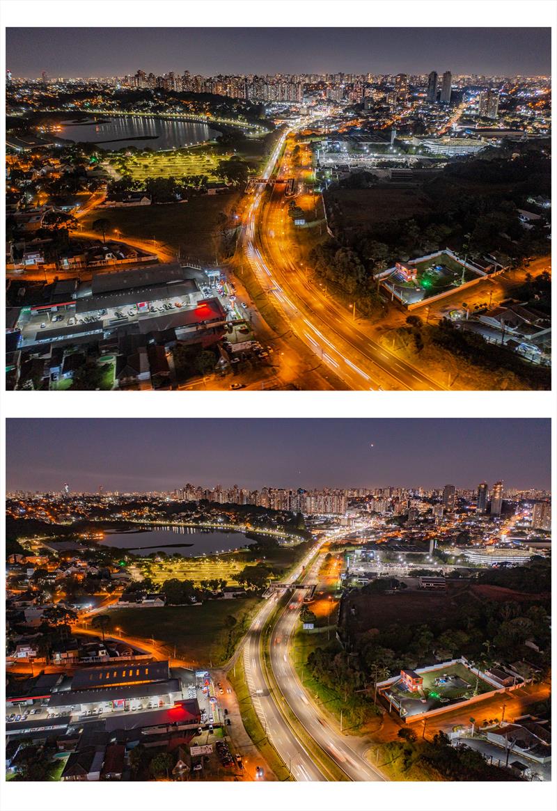 Vista aérea da BR 277 na região do Parque Barigui com iluminação modernizada em LED. Na imagem fotos de antes (em cima) e após a instalação da iluminação (embaixo) - Curitiba, 04/07/2022 - Foto: Daniel Castellano / SMCS