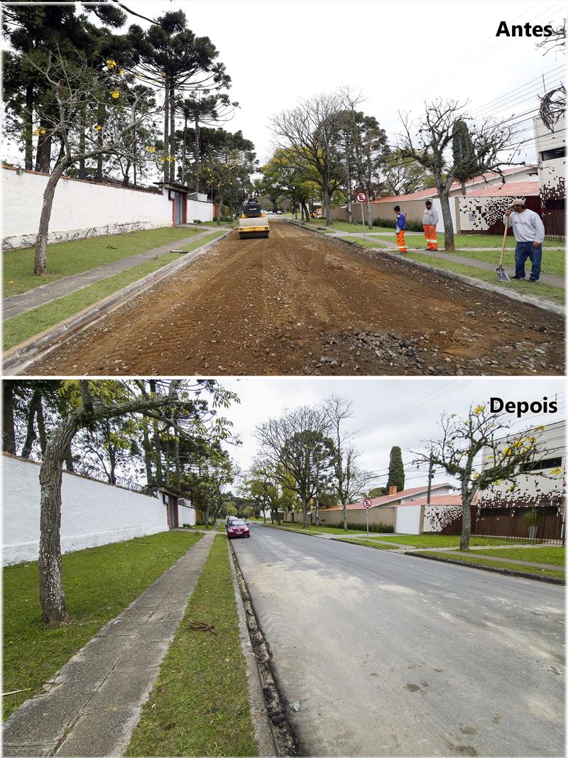 Antes e depois da nova pavimentação da Rua Tenente Ricardo Kirsh, no Jardim das Américas. 
Foto antes: Lucilia Guimarães/SMCS
Foto depois: Pedro Ribas/SMCS