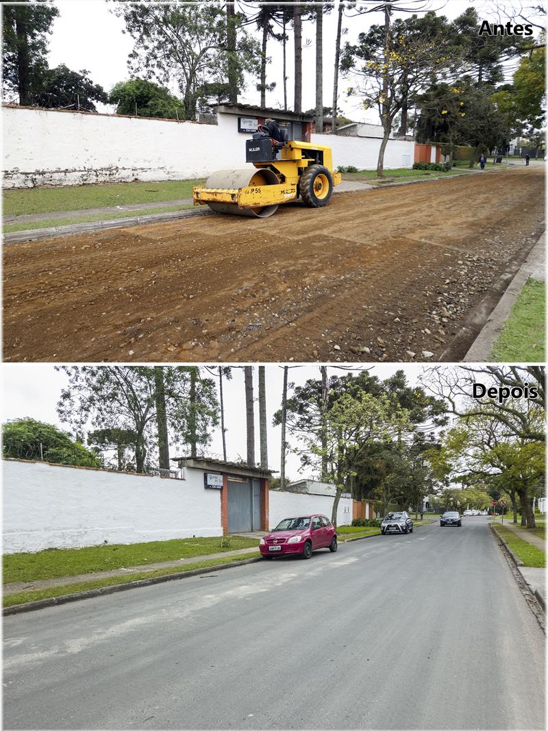 Antes e depois da nova pavimentação da Rua Tenente Ricardo Kirsh, no Jardim das Américas. 
Foto antes: Lucilia Guimarães/SMCS
Foto depois: Pedro Ribas/SMCS