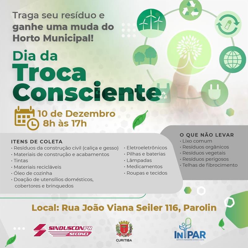 Prefeitura de Curitiba e Sinduscon-PR promovem Dia da Troca Consciente no sábado.