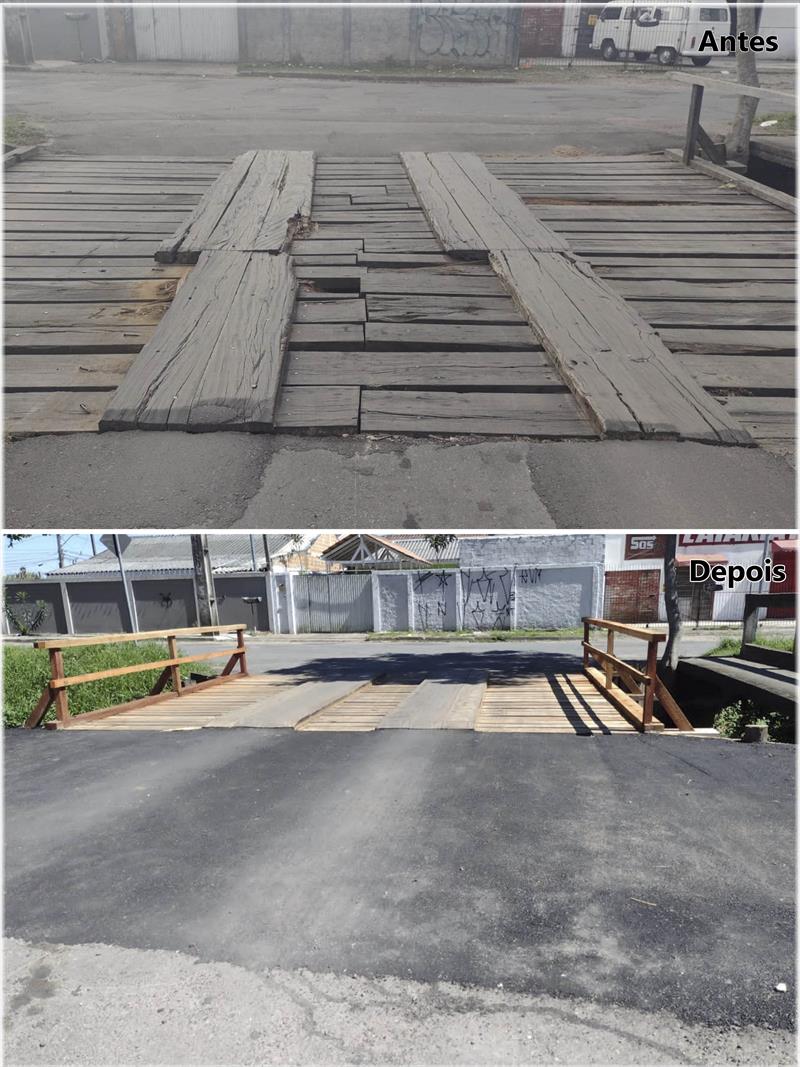 Prefeitura de Curitiba soma 106 obras em pontes e passarelas neste ano.
- Na imagem, antes e depois da ponte da rua Cezinando Dias Parede.
Foto: Divulgação