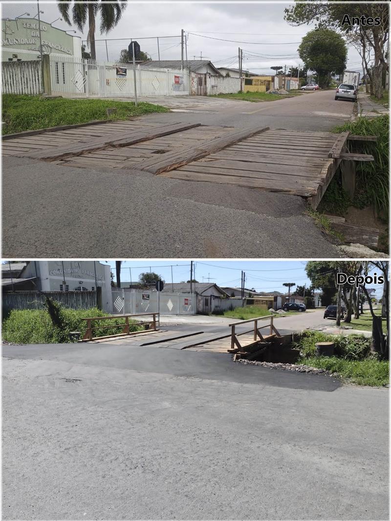 Prefeitura de Curitiba soma 106 obras em pontes e passarelas neste ano.
- Na imagem, antes e depois da ponte da rua Augusto Dias paredes.
Foto: Divulgação