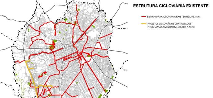 Em amarelo no mapa os importantes eixos das regiões do CIC e Bairro Novo irão que irão ganhar 17,2 quilômetros de nova infraestrutura voltada à ciclomobilidade.