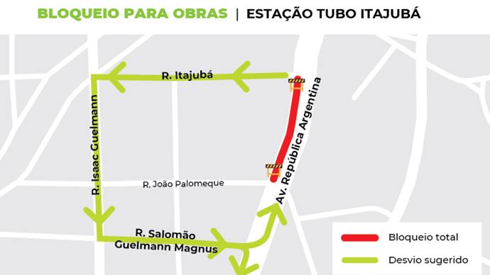 A Avenida República Argentina, terá bloqueio total da via no trecho entre as ruas Itajubá e João Palomeque, (sentido bairro). 
