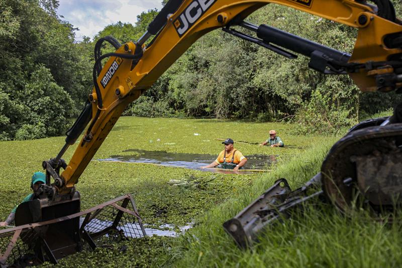 Funcionário do Meio Ambiente realizam limpeza de algas no lago do Parque Cambuí no bairro Fazendinha  - Curitiba, 02/02/2023 - Foto: Daniel Castellano / SMCS